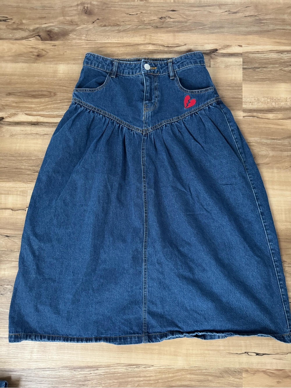 Kimchi Blue Blue Denim Midi Skirt with Red Heart Detail